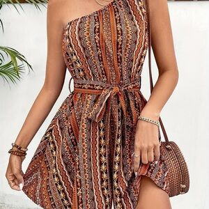 One Shoulder Romper Women Large Pull On Elastic Waist Lightweight Flowy Boho 70s